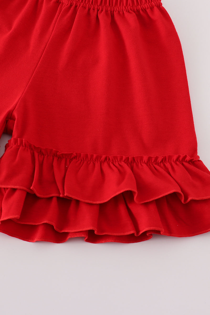 Red apple embroidery ruffle shorts set