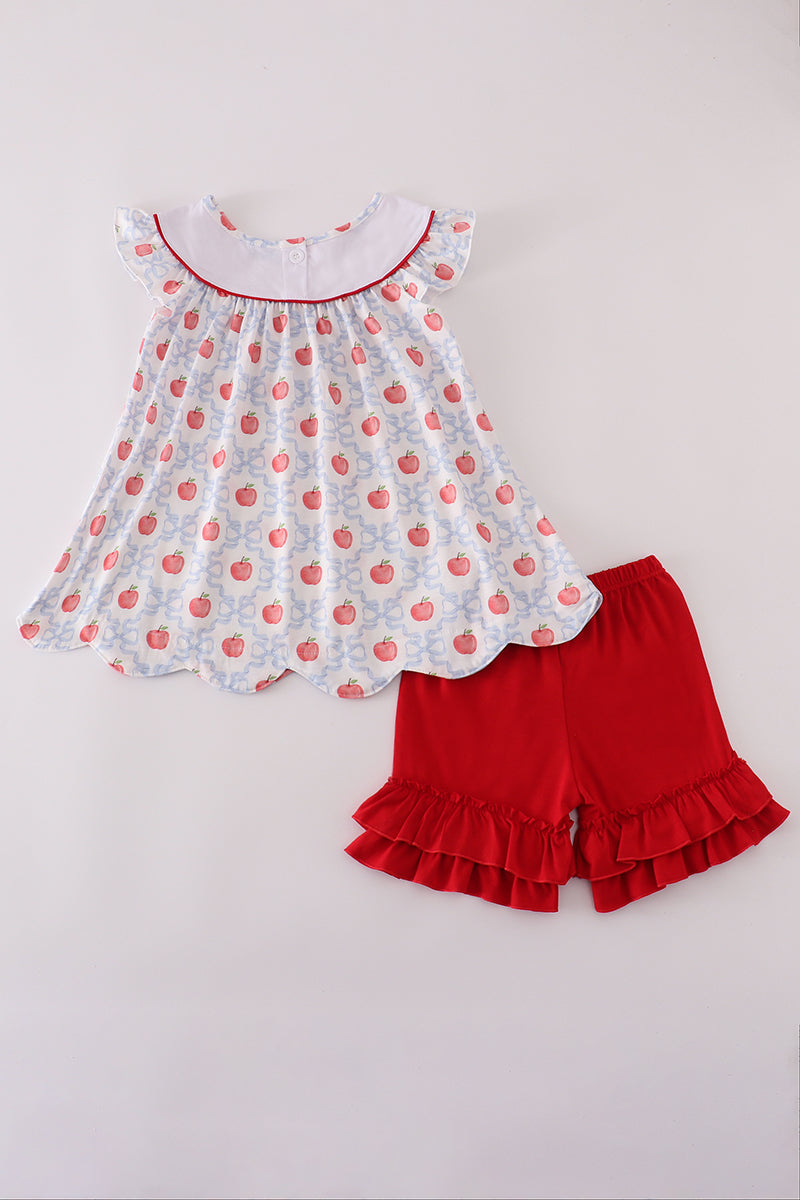 Red apple embroidery ruffle shorts set
