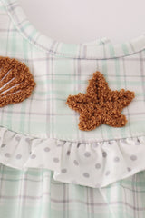 Green plaid sea shell french knot ruffle bloomer set
