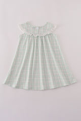 Green plaid sea shell french knot ruffle dress