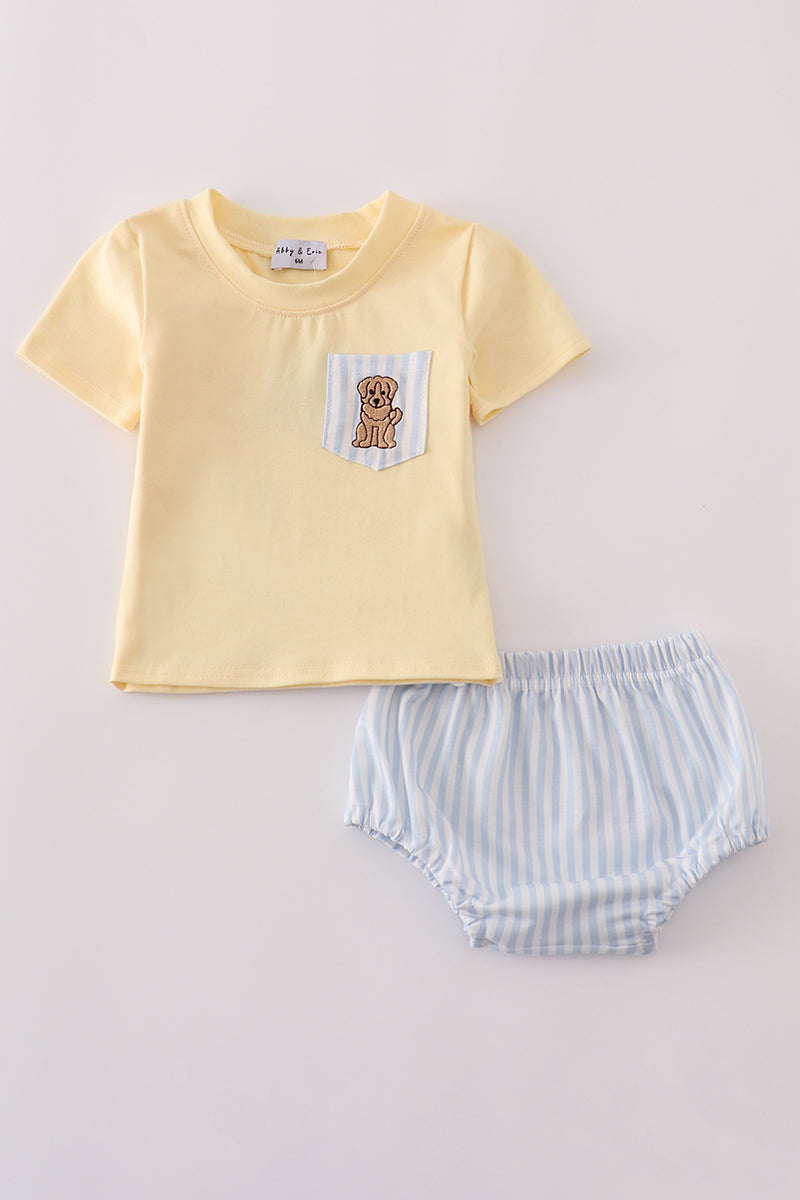 Blue stripe puppy embroidery bloomer set