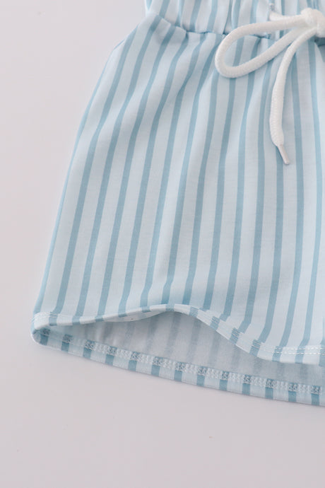 Blue stripe fish embroidery shorts set