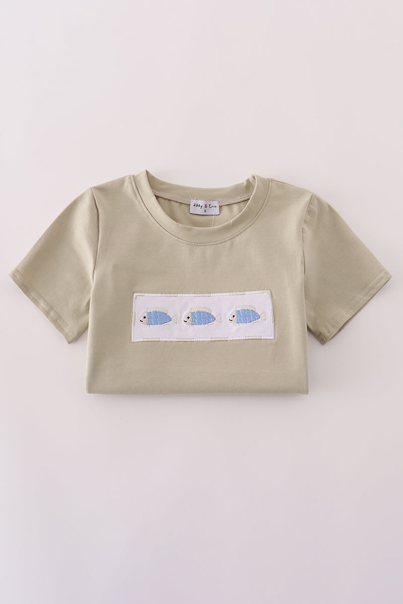 Blue stripe fish embroidery shorts set