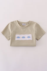 Blue stripe fish embroidery shorts set
