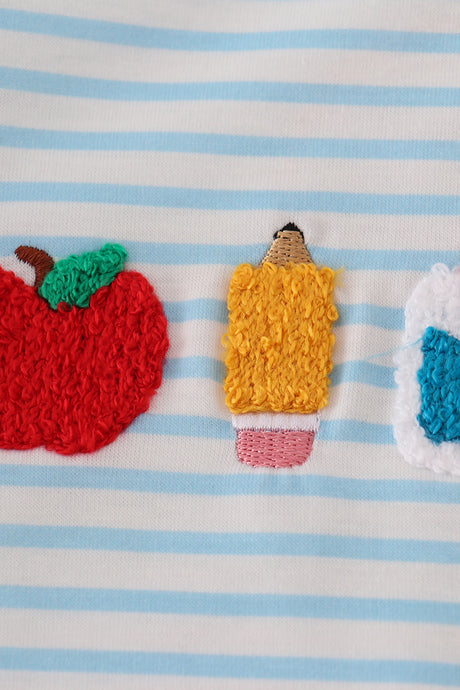 Blue stripe apple pencil french knot top