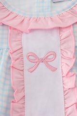 Blue bow embroidery gingham ruffle bubble