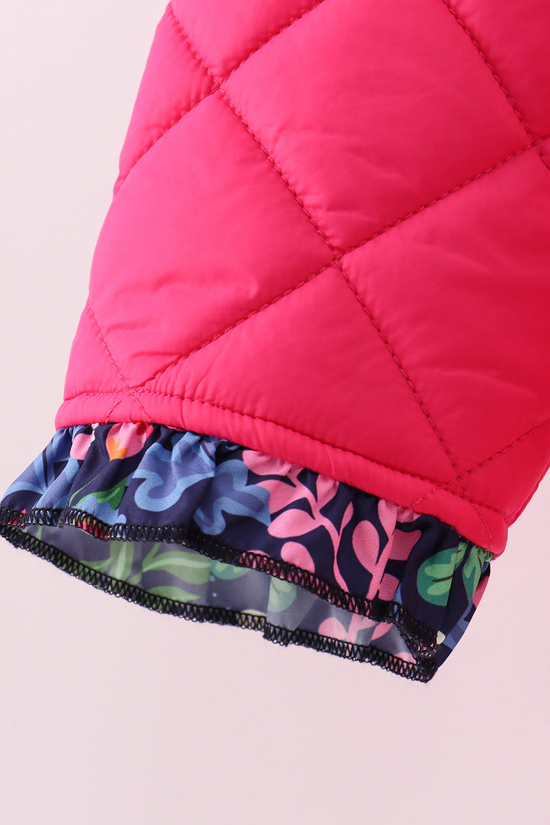 Magenta print ruffle quilted jacket