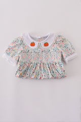 Green floral pumpkin embroidery smocked ruffle pants set