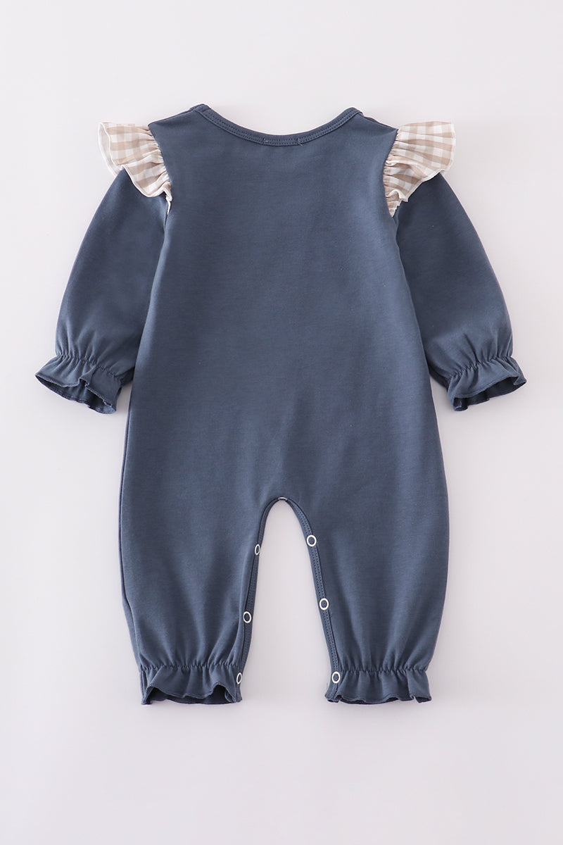 Navy hunting embroidery ruffle romper
