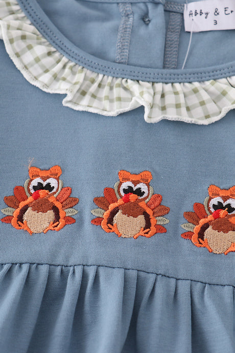 Blue turkey embroidery ruffle pants set