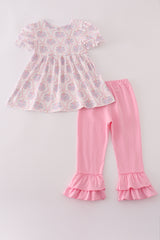 Pink pumpkin embroidery ruffle pants set