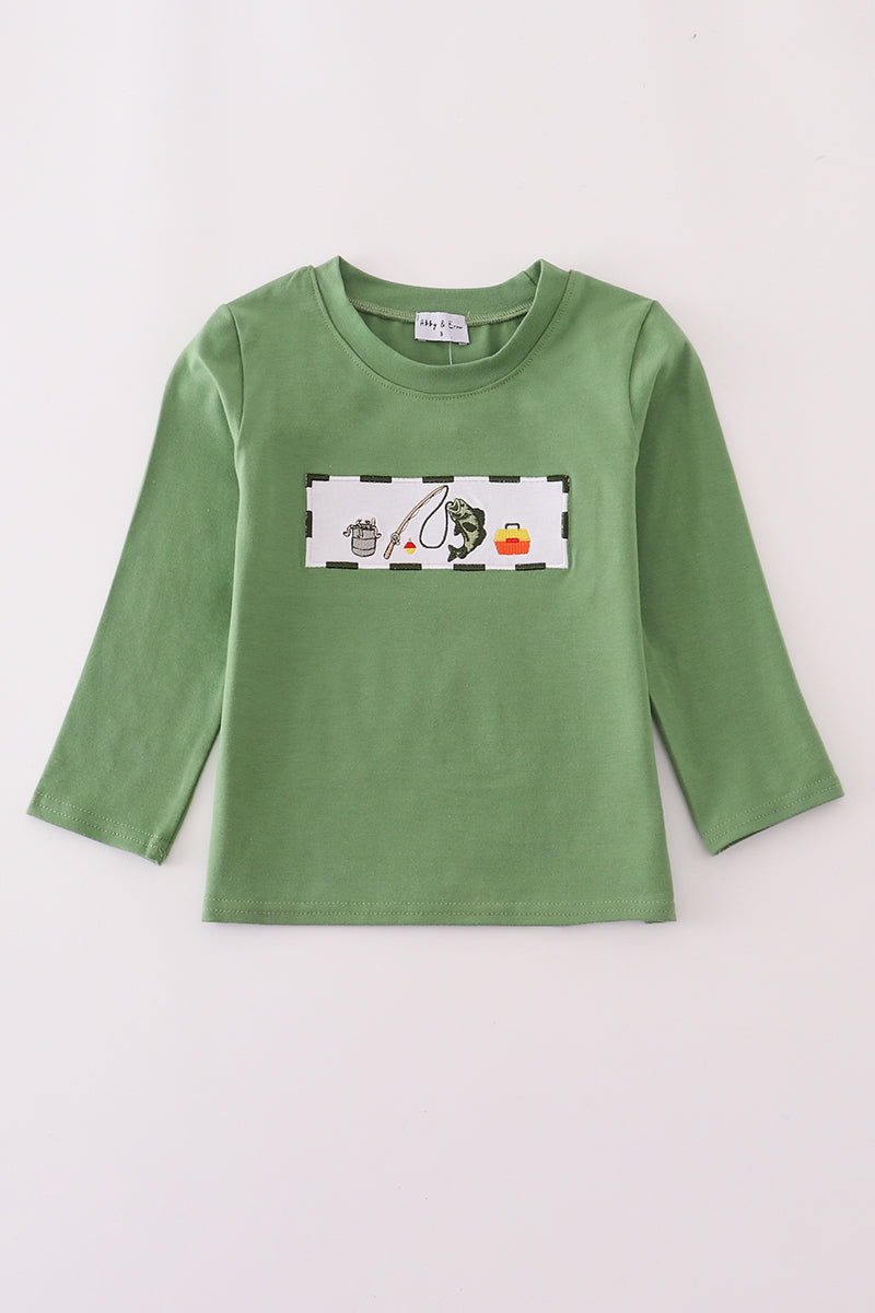 Green fishing embroidery top