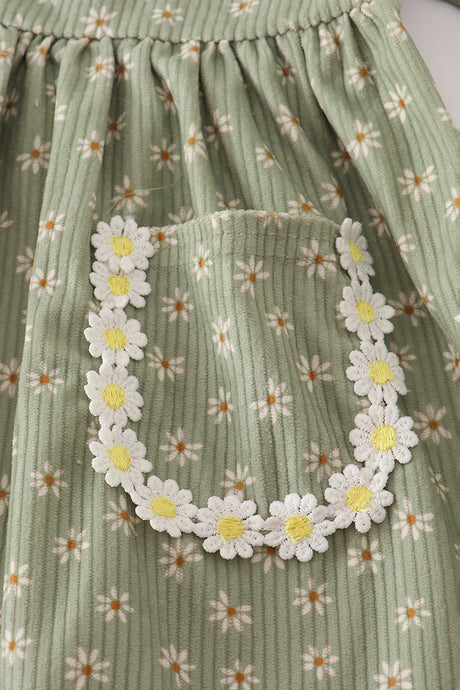 Green corduroy floral lace ruffle dress