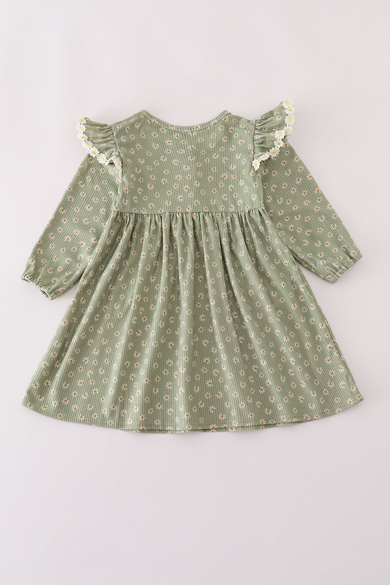 Green corduroy floral lace ruffle dress