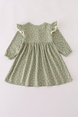 Green corduroy floral lace ruffle dress