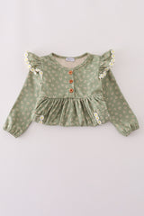 Green corduroy floral lace ruffle dress