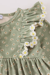 Green corduroy floral lace ruffle pants set