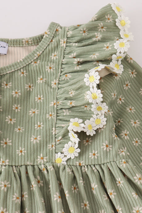 Green corduroy floral lace ruffle pants set