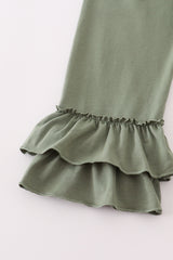 Green corduroy floral lace ruffle pants set