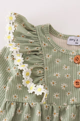 Green corduroy floral lace ruffle bubble