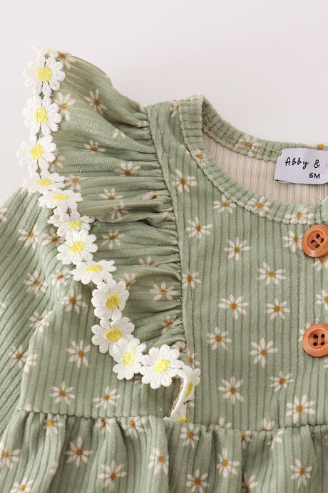 Green corduroy floral lace ruffle bubble