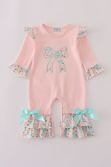 Pink floral print bow applique ruffle romper