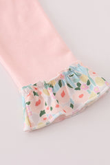 Pink floral print bow applique ruffle romper