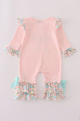 Pink floral print bow applique ruffle romper