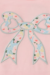 Pink floral print bow applique ruffle romper