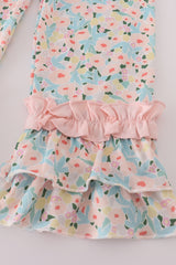 Pink floral print bow applique ruffle romper