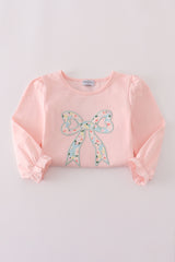 Pink floral print bow applique ruffle romper
