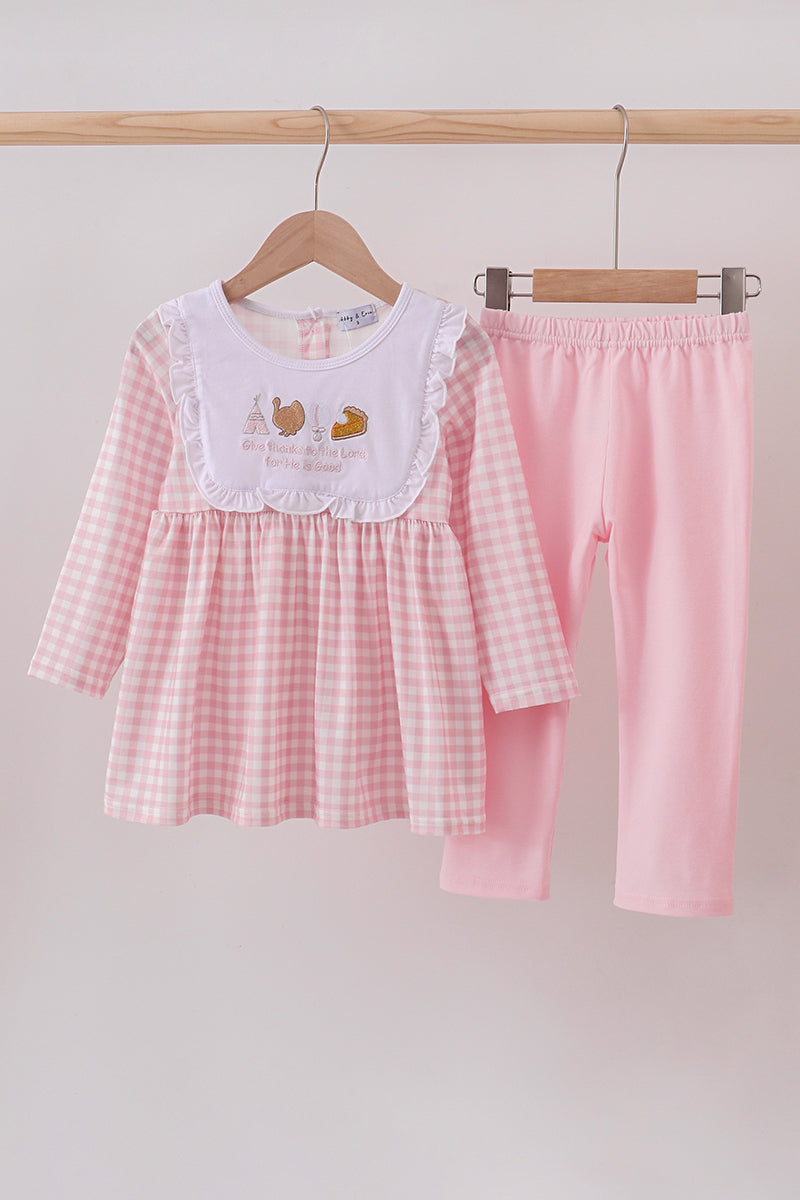 Pink turkey embroidery gingham pants set