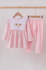 Pink turkey embroidery gingham pants set