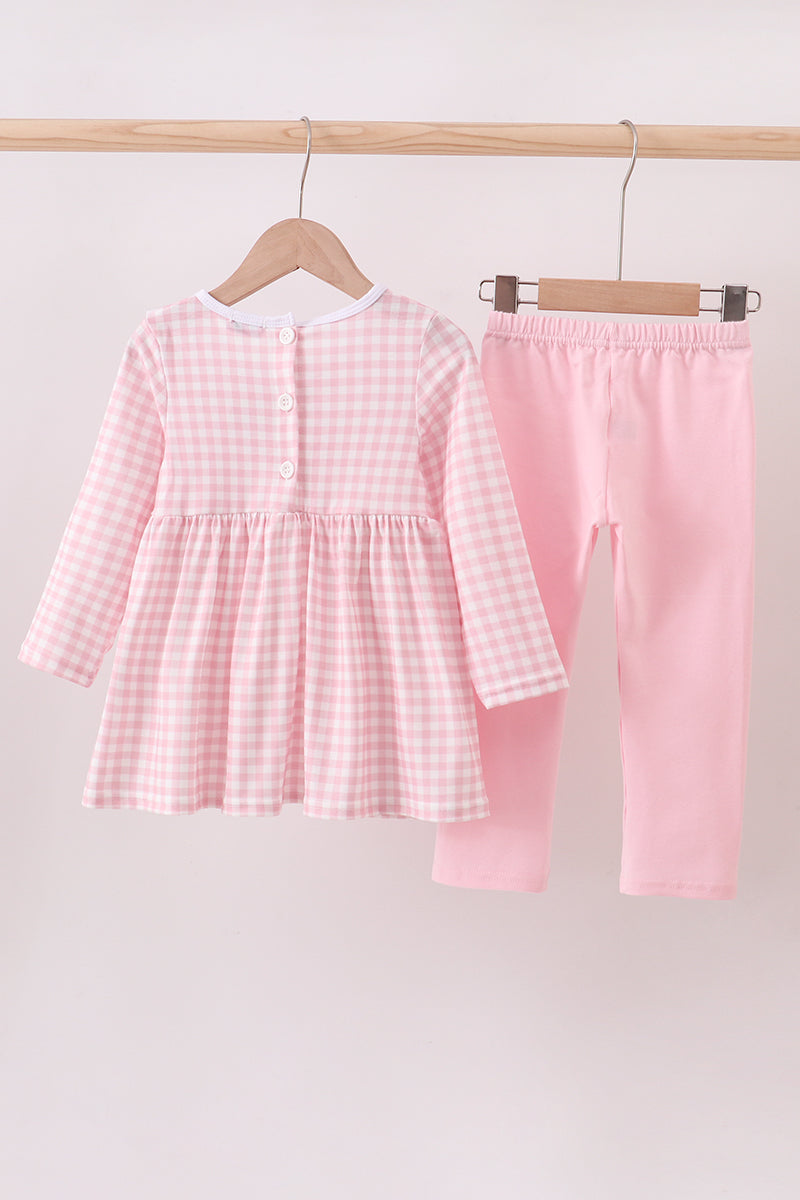 Pink turkey embroidery gingham pants set