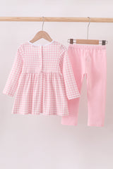 Pink turkey embroidery gingham pants set