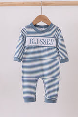 Blue stripe blessed embroidery romper
