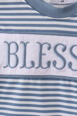 Blue stripe blessed embroidery romper