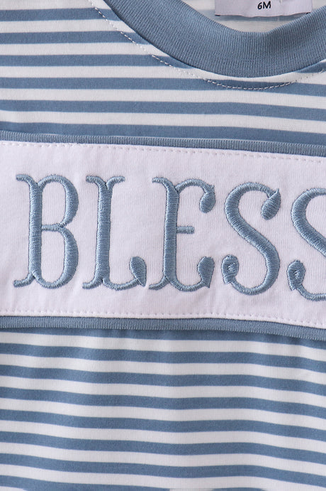 Blue stripe blessed embroidery romper