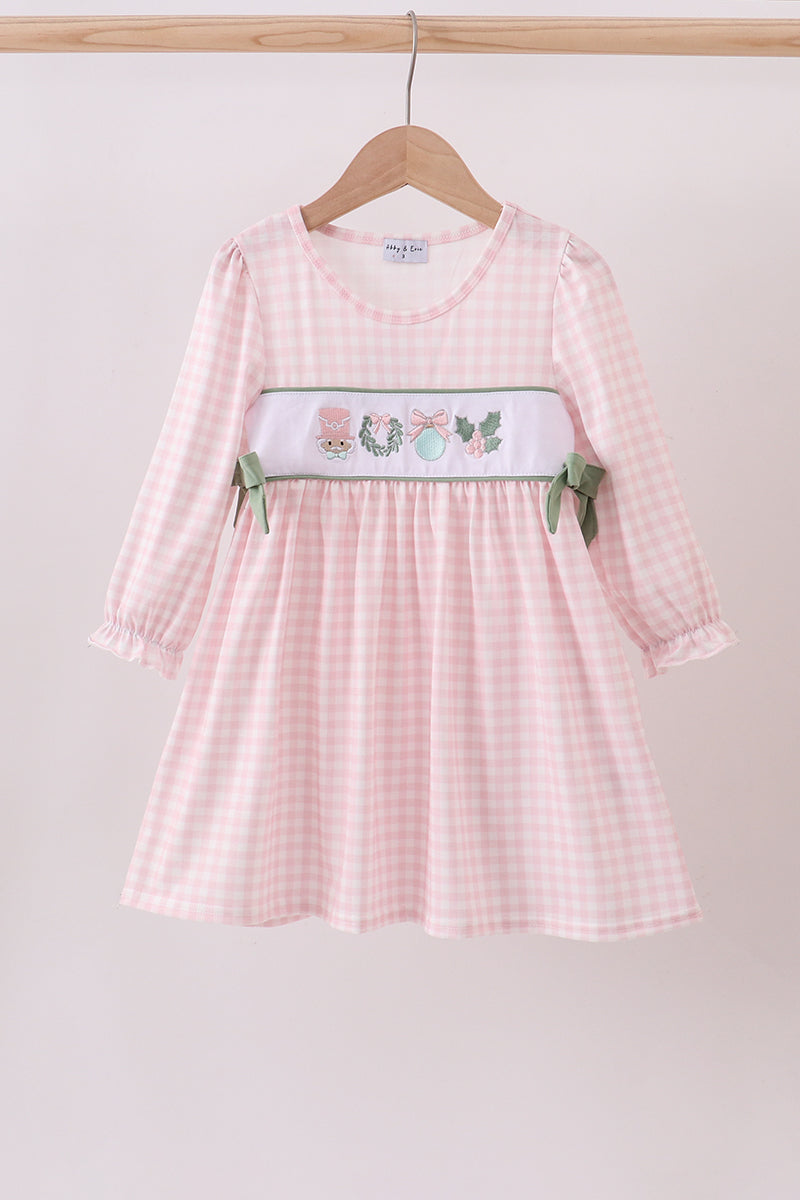 Pink nutcracker embroidery gingham dress