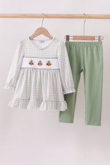 Green turkey embroidery gingham ruffle pants set