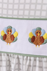 Green turkey embroidery gingham ruffle pants set
