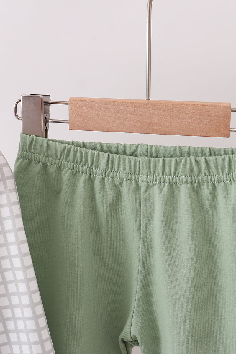 Green turkey embroidery gingham ruffle pants set