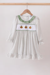 Green turkey embroidery gingham ruffle dress