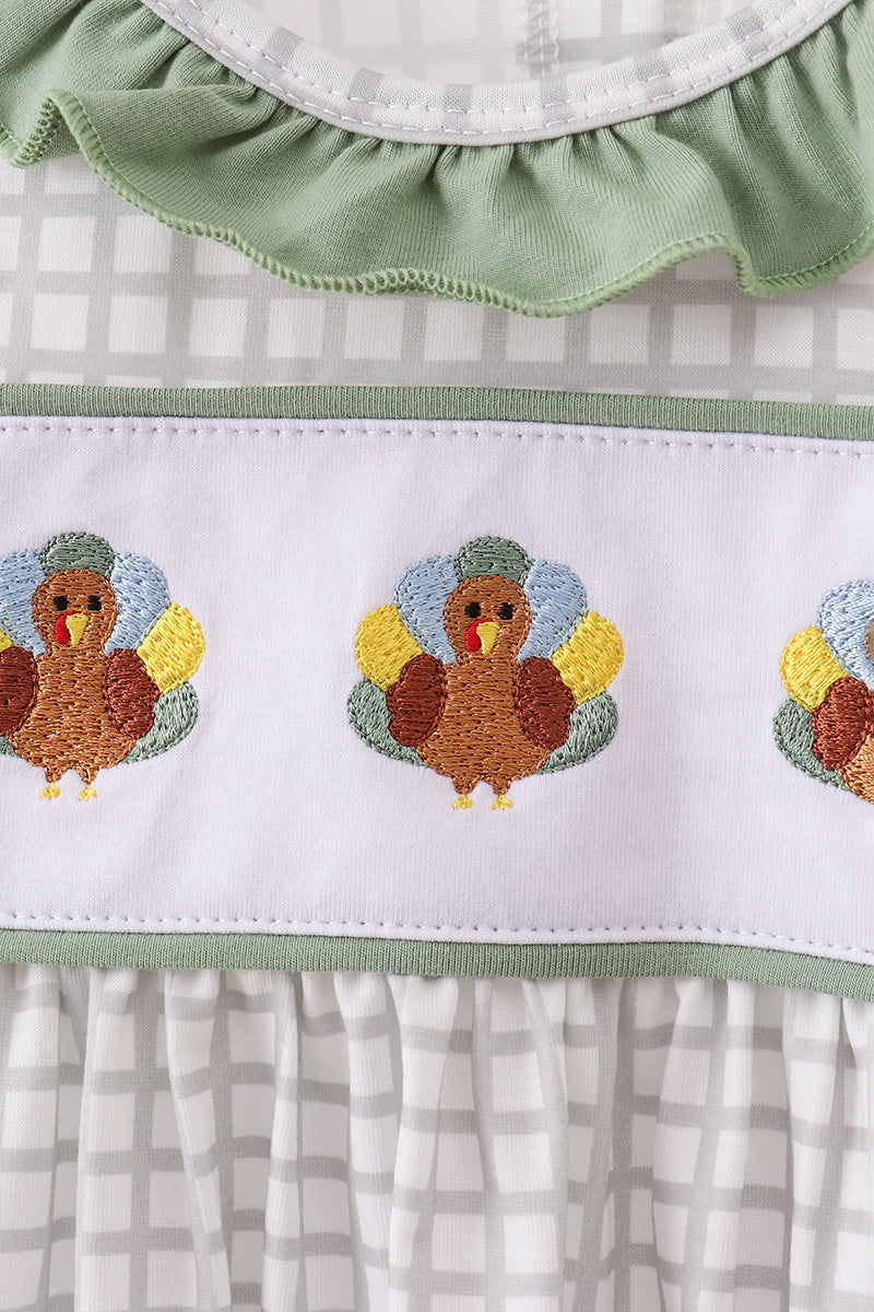 Green turkey embroidery gingham ruffle dress