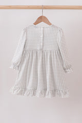 Green turkey embroidery gingham ruffle dress