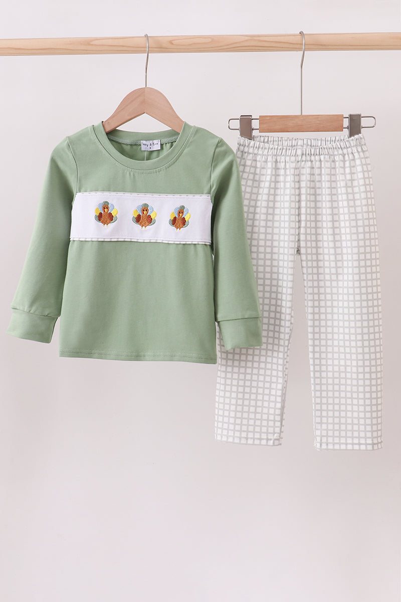 Green turkey embroidery gingham pants set