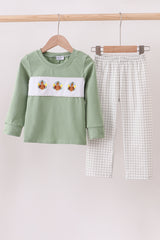 Green turkey embroidery gingham pants set