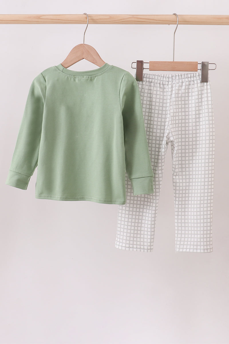 Green turkey embroidery gingham pants set