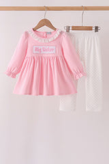 Pink big sister embroidery ruffle pants set