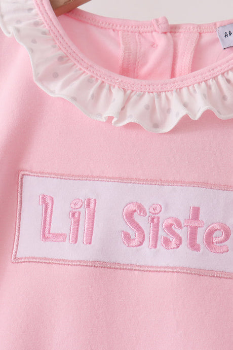 Pink Lil sister embroidery ruffle pants set